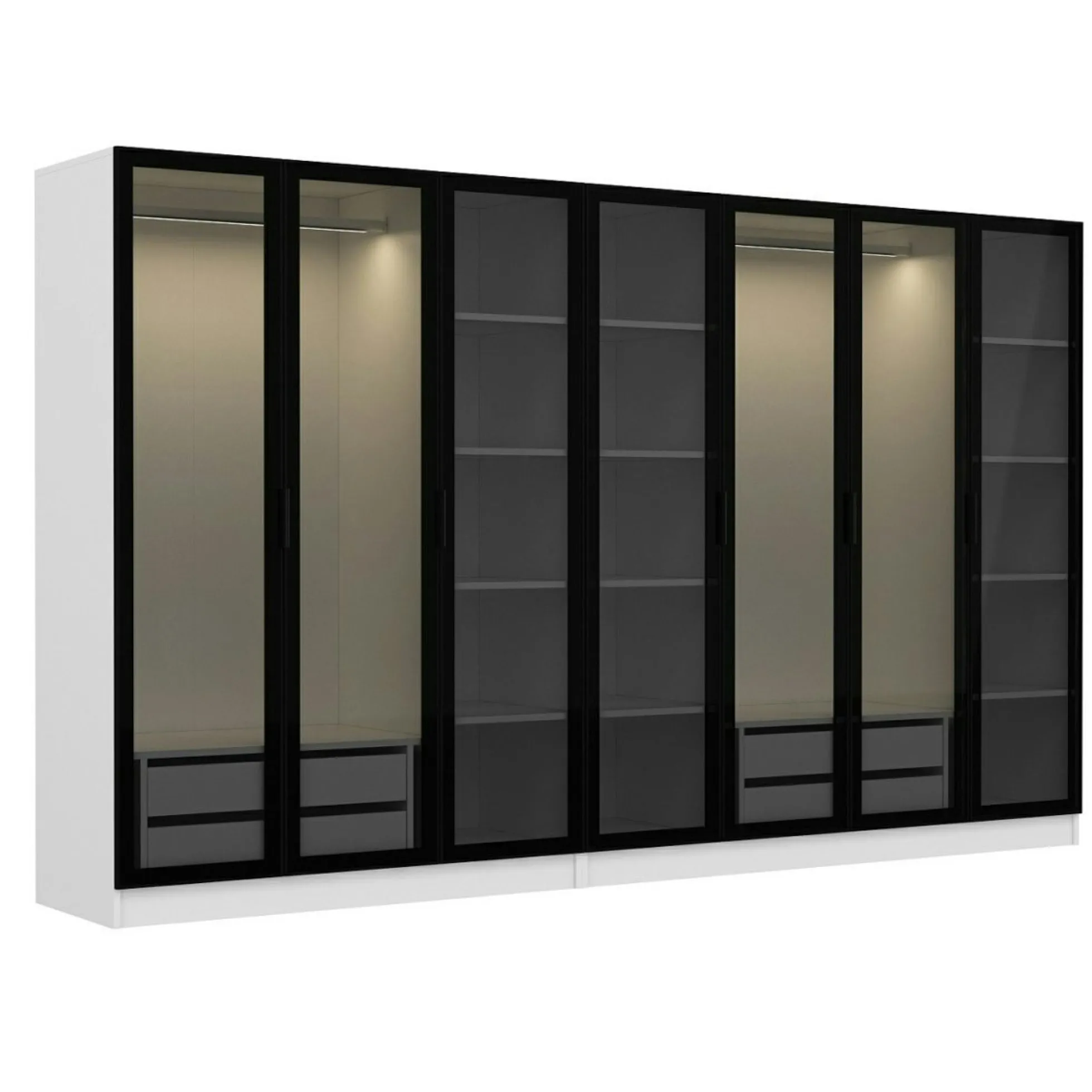 Dressing design 7 portes en verre noir et cadre blanc BYRON