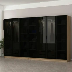 Dressing design 7 portes verre noir & cadre effet bois BYRON