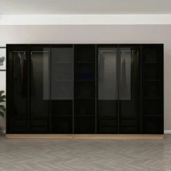 Dressing design 7 portes verre noir & cadre effet bois BYRON