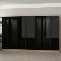 Dressing design 7 portes verre noir & cadre effet bois BYRON