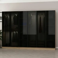 Dressing design 6 portes verre noir & cadre effet noyer BYRON