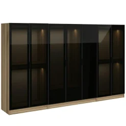 Dressing design 7 portes verre noir & cadre effet noyer BYRON