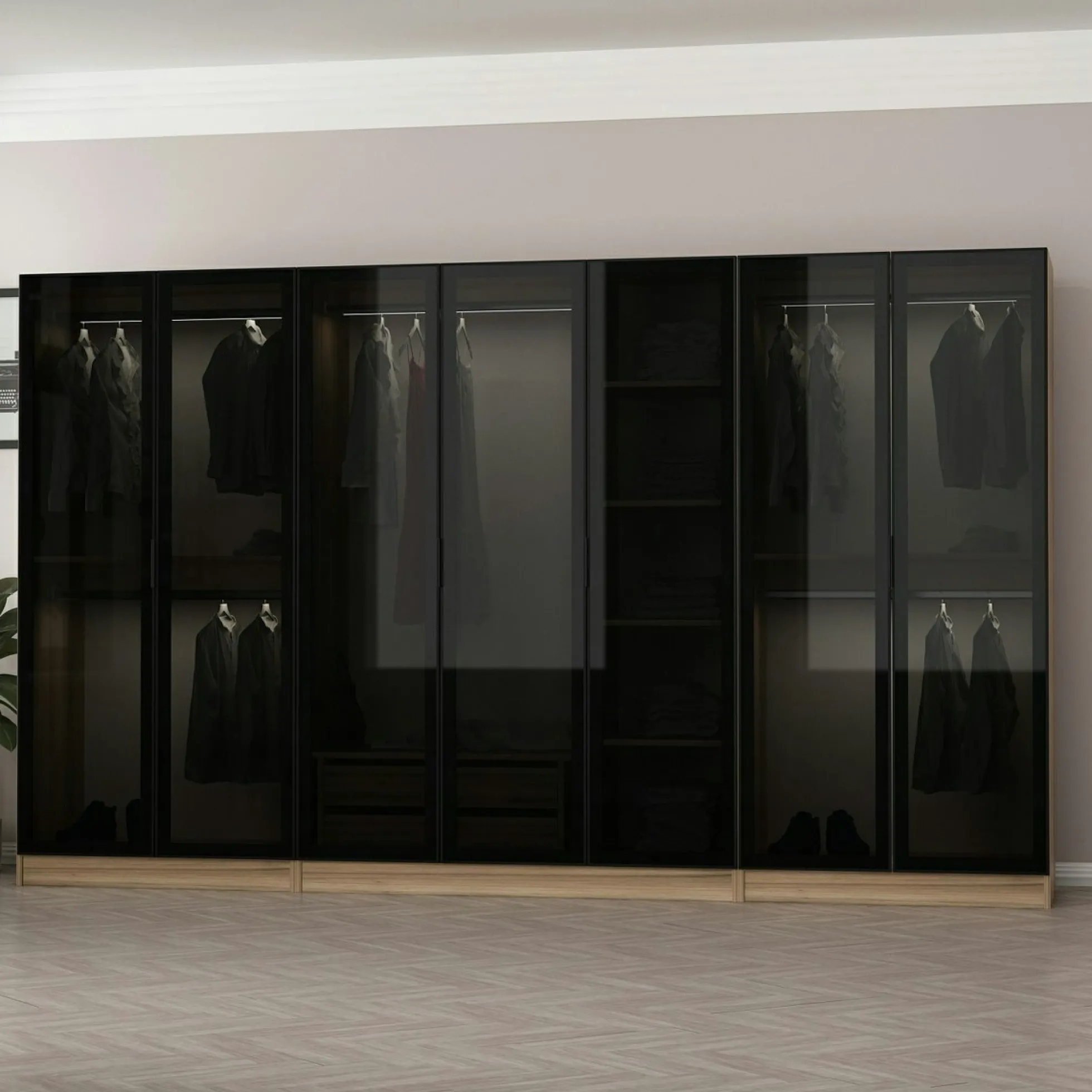 Dressing design 7 portes verre noir & cadre effet noyer BYRON