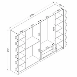 Dressing design 6 portes verre, cadre blanc, 2 tiroirs BYRON