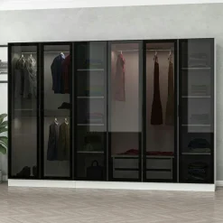 Dressing design 6 portes verre, cadre blanc, 2 tiroirs BYRON