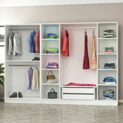 Dressing 6 portes verre, 2 tiroirs & cadre blanc BYRON