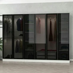 Dressing 6 portes verre, 2 tiroirs & cadre blanc BYRON