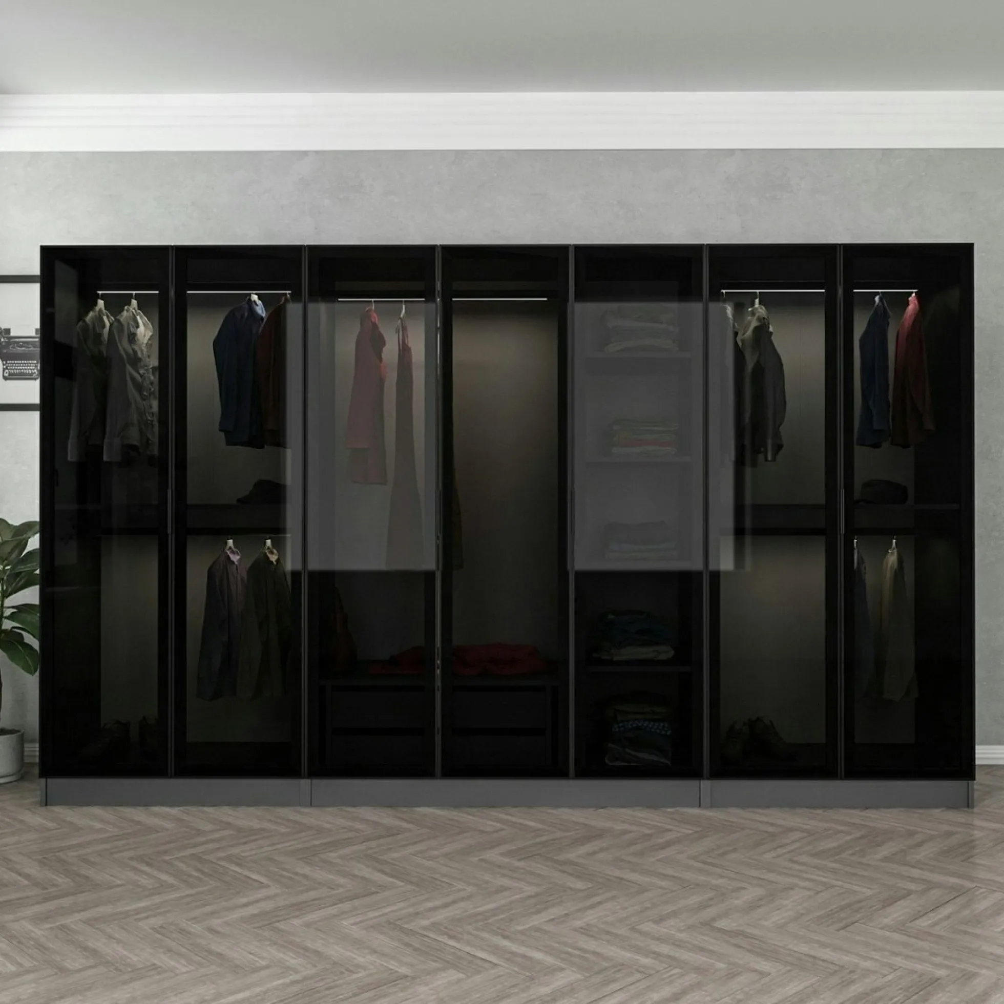 Dressing XXL 5 penderies, anthracite et verre noir BYRON