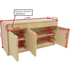 Enfilade / Buffet long Hévéa 3 portes, 3 tiroirs 213x45x81cm BALTIC