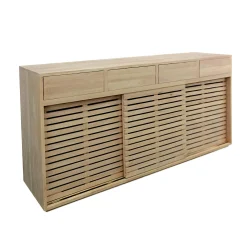 Enfilade / Buffet long Hévéa 3 portes coulissantes Persiennes, 4 tiroirs 180x45x90cm NEW ORLEANS