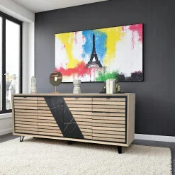 Enfilade 4 portes chêne blanc décor graphique ESSEN
