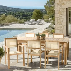 Ensemble de jardin extérieur grande table rectangle en teck 6 fauteuils ALERIA