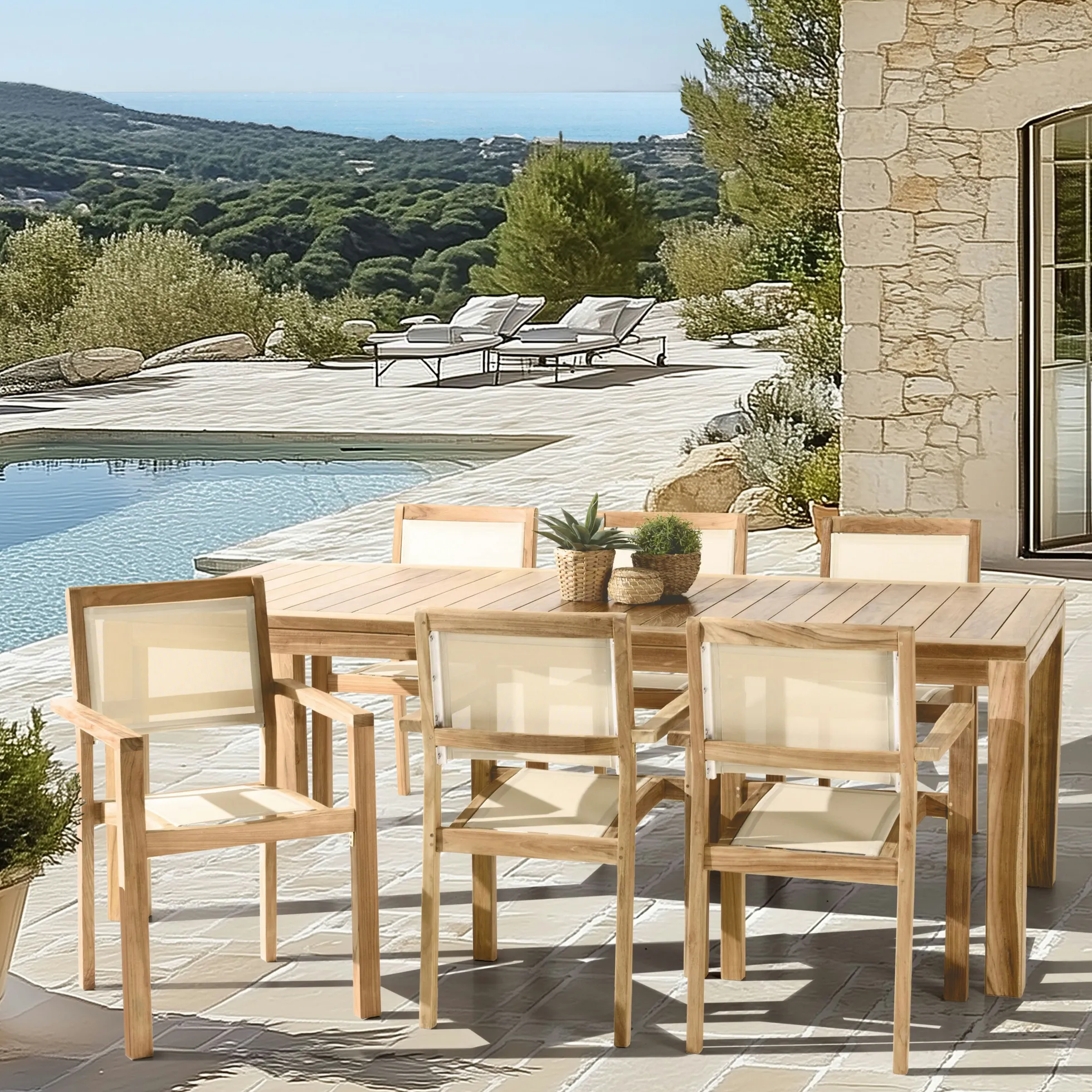 Ensemble de jardin extérieur grande table rectangle en teck 6 fauteuils ALERIA
