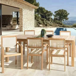 Ensemble de jardin extérieur table rectangle en teck 6 fauteuils ALERIA
