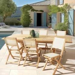 Ensemble de repas de jardin en teck table extensible et 6 chaises ALERIA