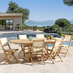 Ensemble de repas extérieur en teck table extensible 6 chaises ALERIA