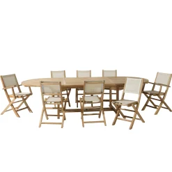 Ensemble de repas extérieur, table en teck extensible 8 chaises ALERIA