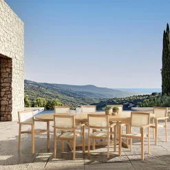 Ensemble de repas extérieur, table en teck extensible 8 fauteuils ALERIA