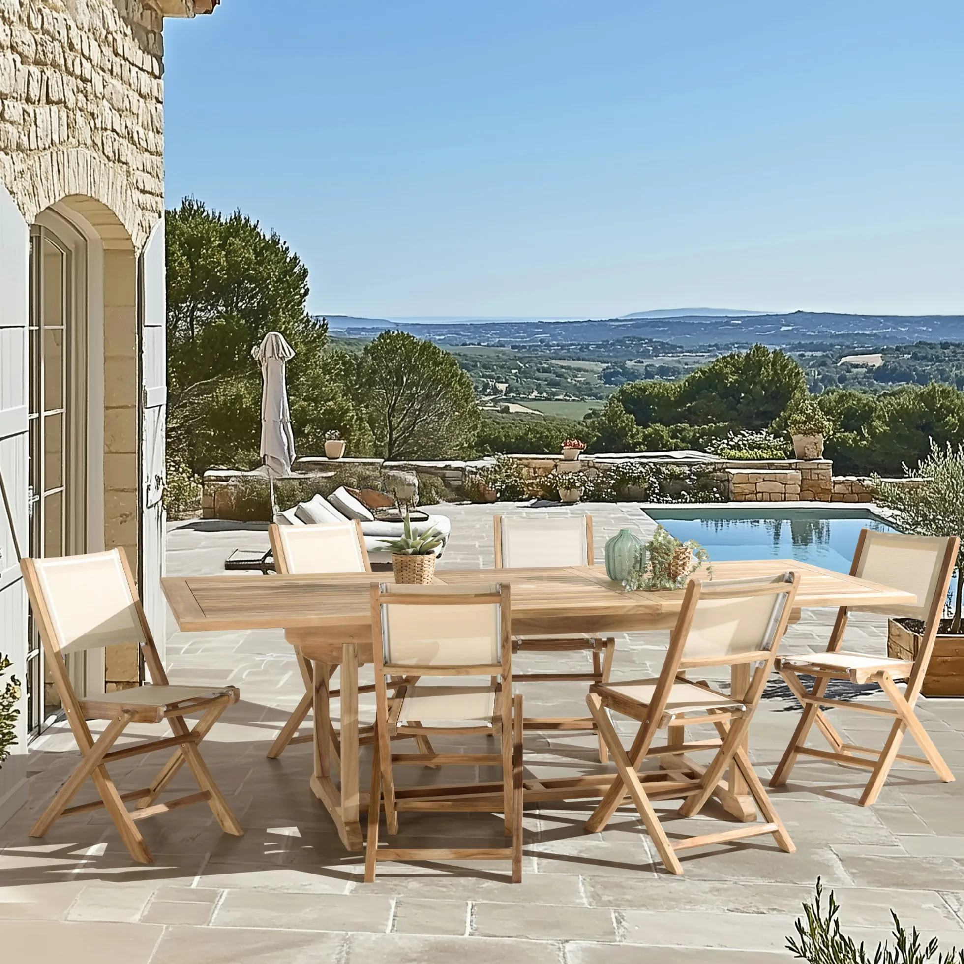 Ensemble de repas table rectangulaire 6 chaises en teck ALERIA