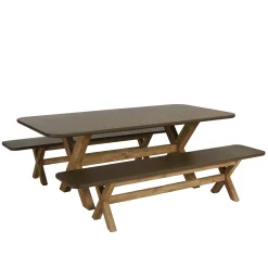 Ensemble table 200 cm et bancs effet béton marron pieds en bois d'acacia CALVI