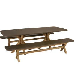Ensemble table 240 cm et bancs effet béton marron pieds en bois d'acacia CALVI