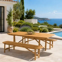 Ensemble table et bancs en teck recyclé ORIA