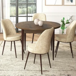 Ensemble table ronde Ø90 cm + 4 chaises beiges à motifs AROLA