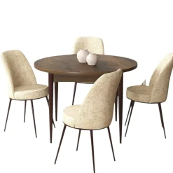 Ensemble table ronde Ø90 cm + 4 chaises beiges à motifs AROLA