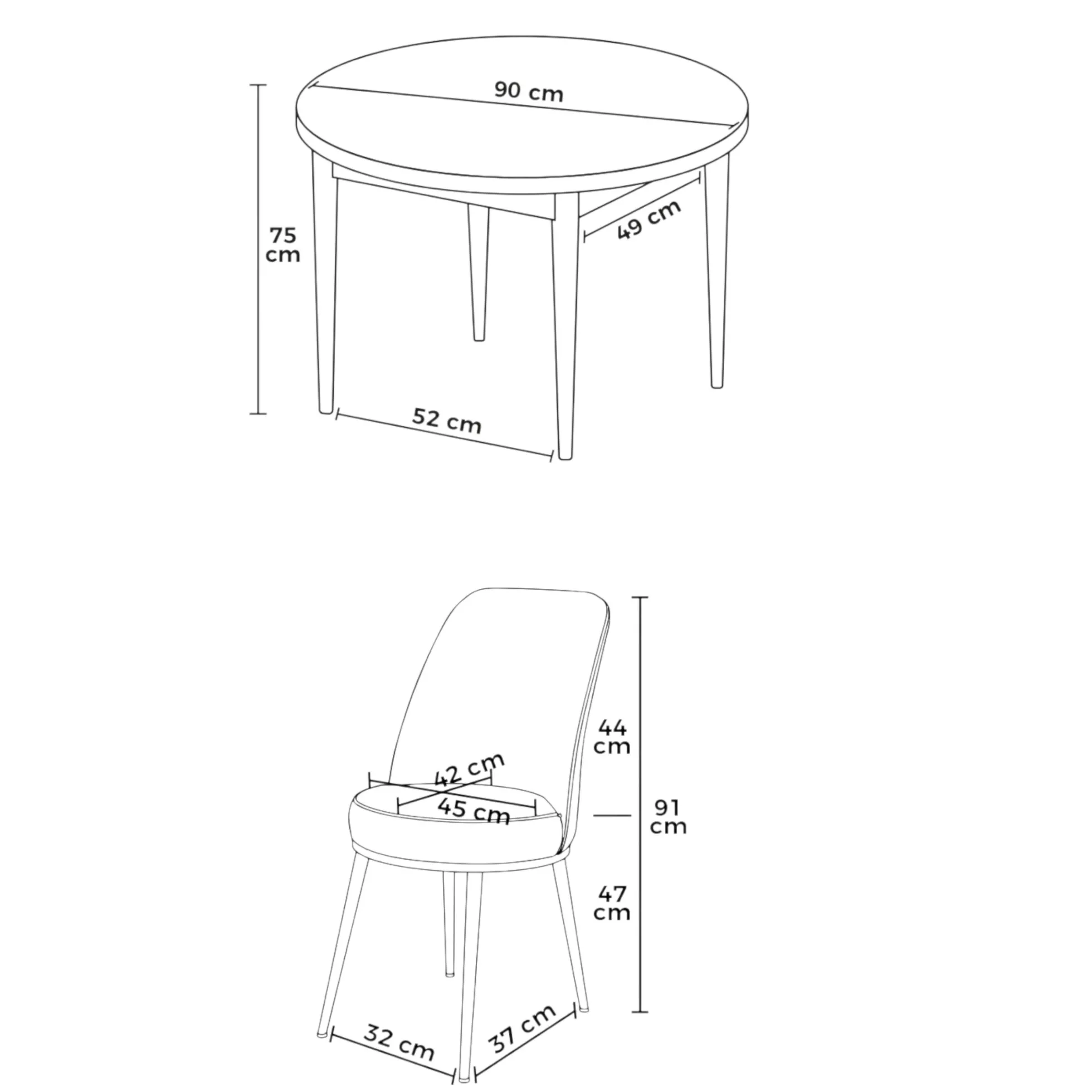 Ensemble table ronde Ø90 cm + 4 chaises grises à motifs AROLA