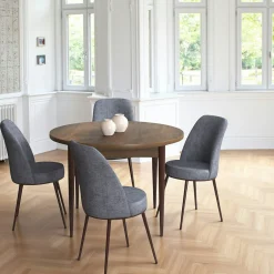 Ensemble table ronde Ø90 cm + 4 chaises grises à motifs AROLA