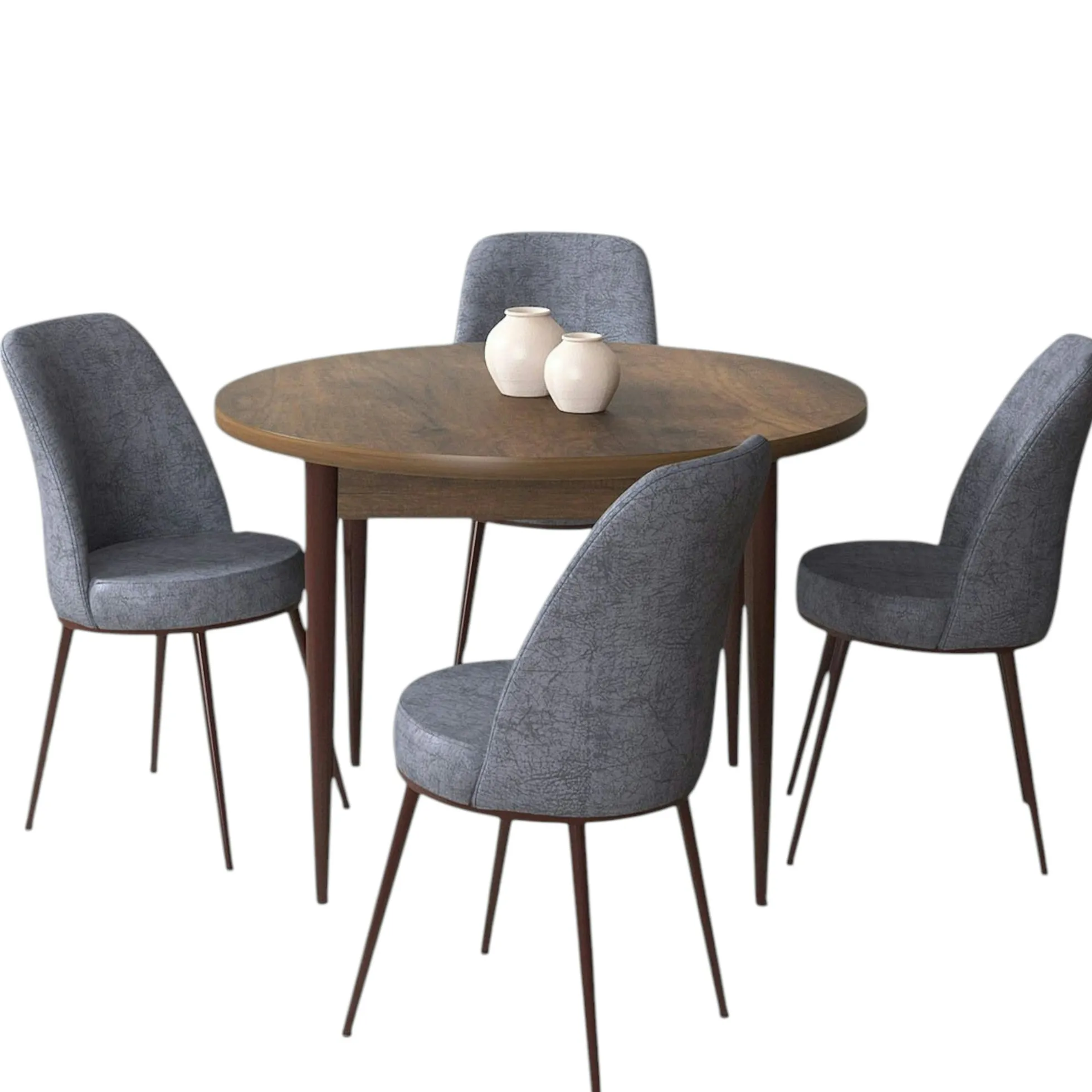 Ensemble table ronde Ø90 cm + 4 chaises grises à motifs AROLA