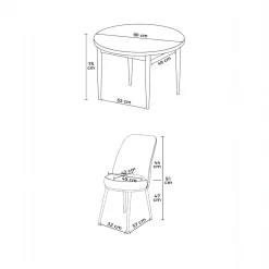 Ensemble table ronde Ø90 cm + 4 chaises moutarde à motifs AROLA