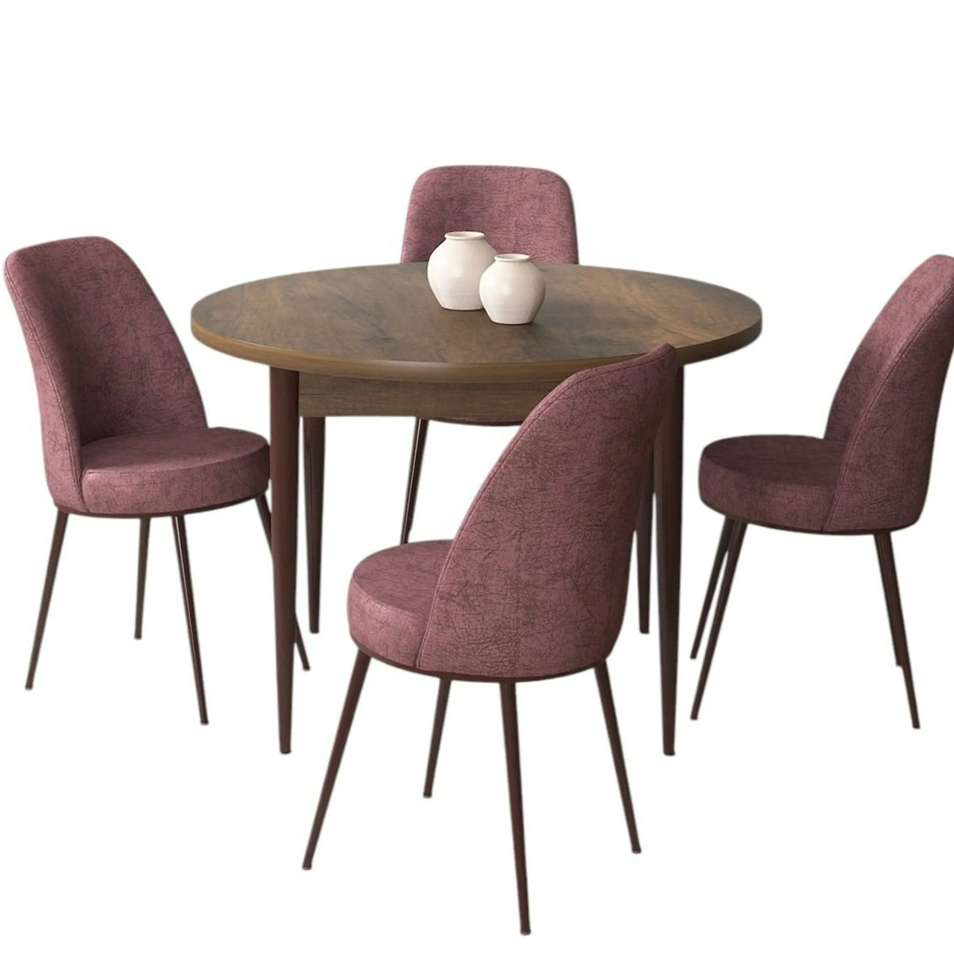 Ensemble table ronde Ø90 cm + 4 chaises roses à motifs AROLA