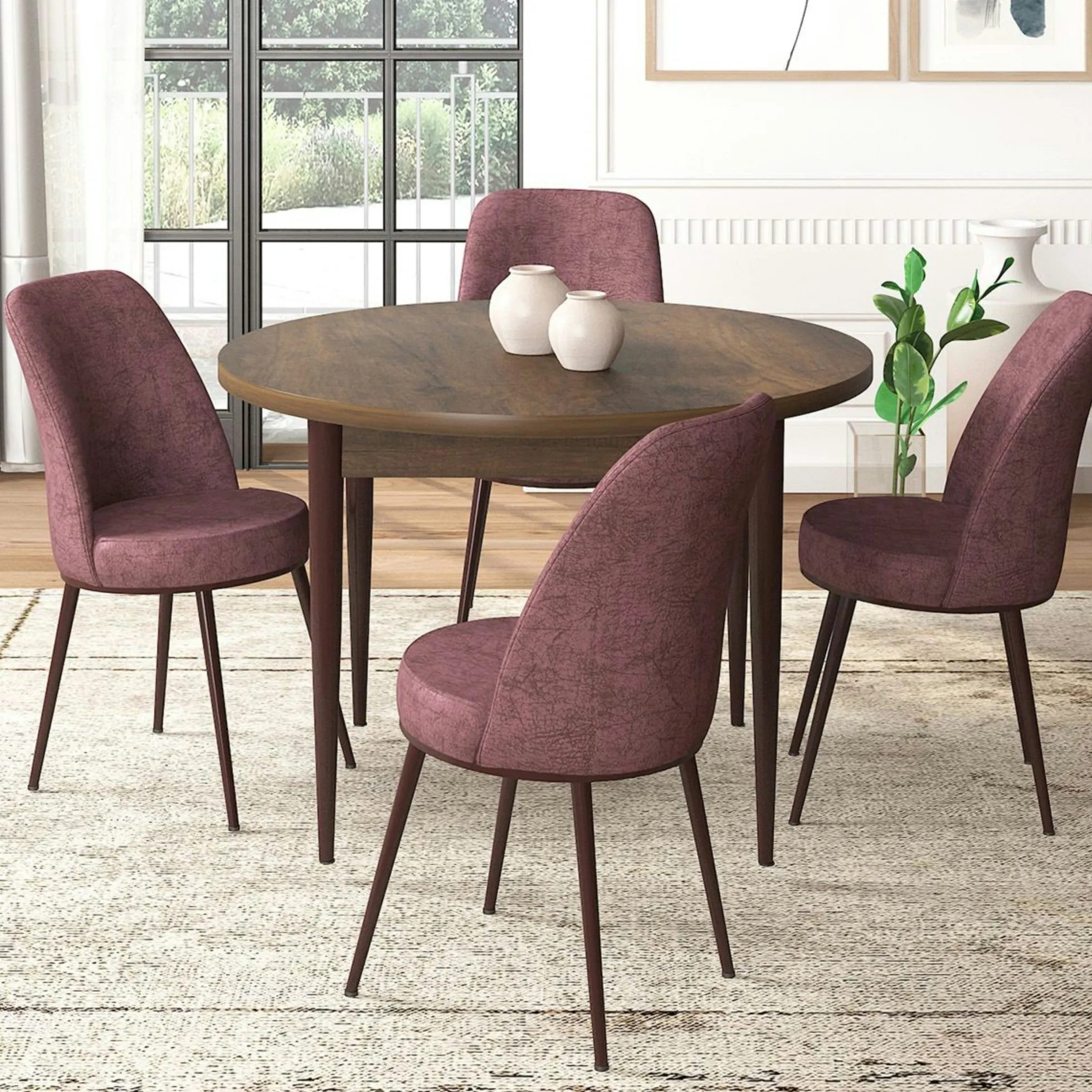 Ensemble table ronde Ø90 cm + 4 chaises roses à motifs AROLA