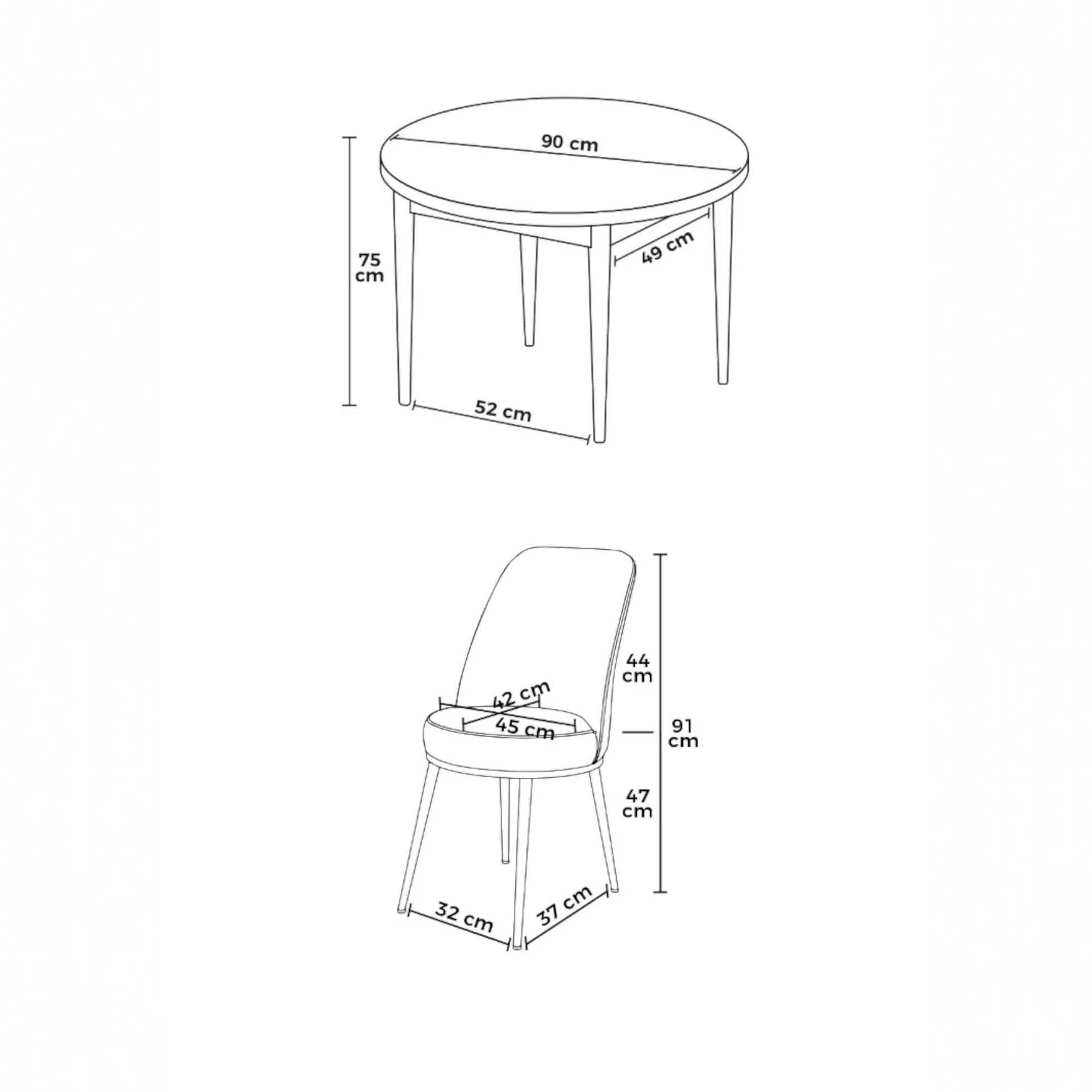 Ensemble table ronde Ø90 cm + 4 chaises roses à motifs AROLA