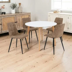 Ens. table ronde blanche + 4 chaises microfibre marron OTTA