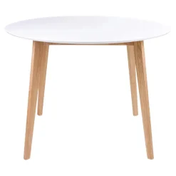 Ens. table ronde blanche + 4 chaises microfibre marron OTTA