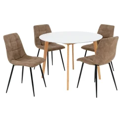 Ens. table ronde blanche + 4 chaises microfibre marron OTTA