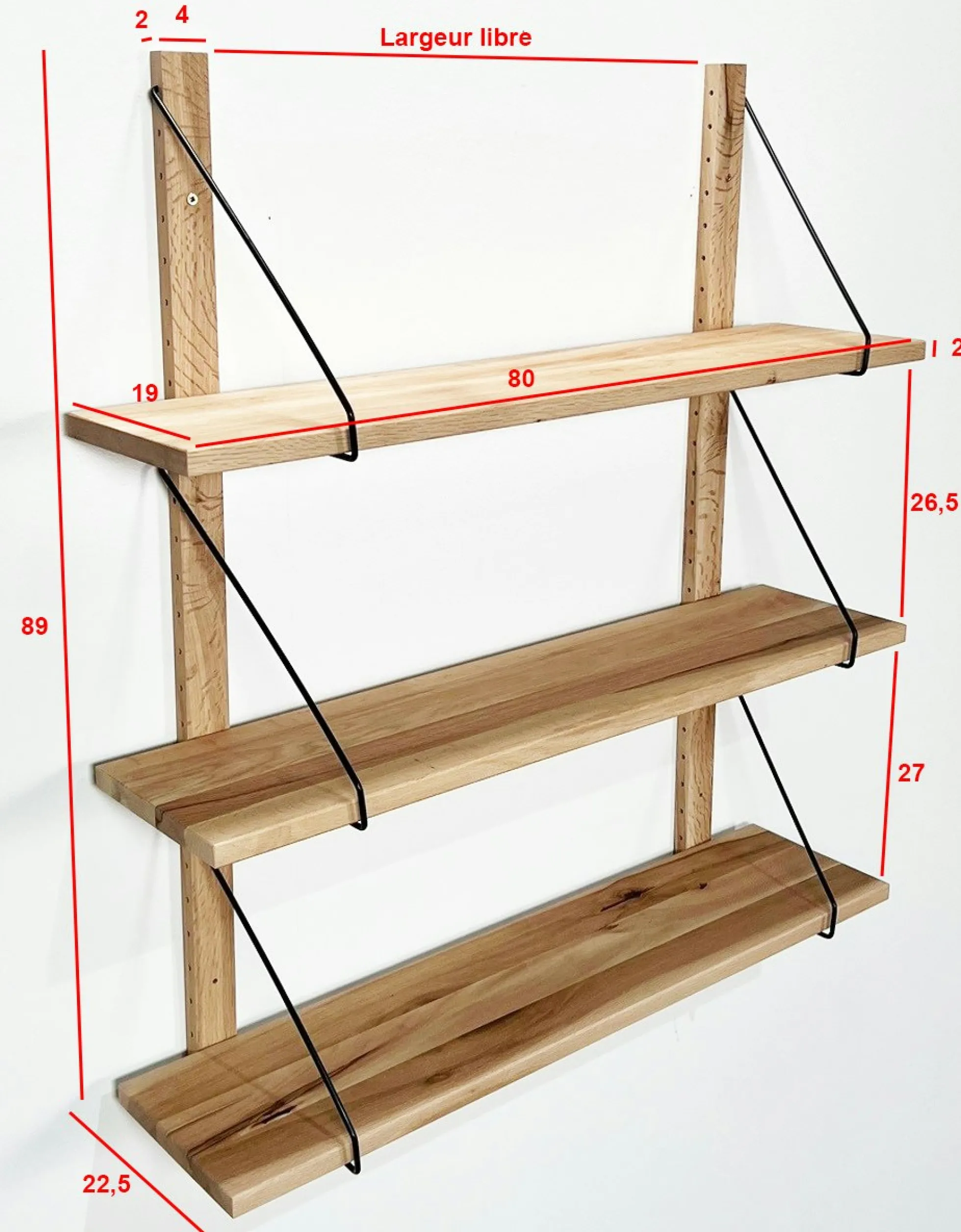 Etagère murale bois massif 3 plateaux (bois blanc) PALERME