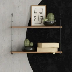 Etagère murale décor noyer 2 plateaux à montants noirs JENA