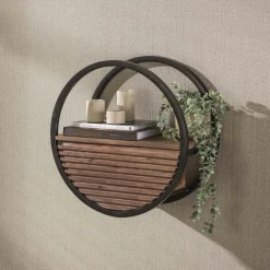 Etagère murale ronde bois d'acacia foncé 1 tiroir Ø50 cm NAKO