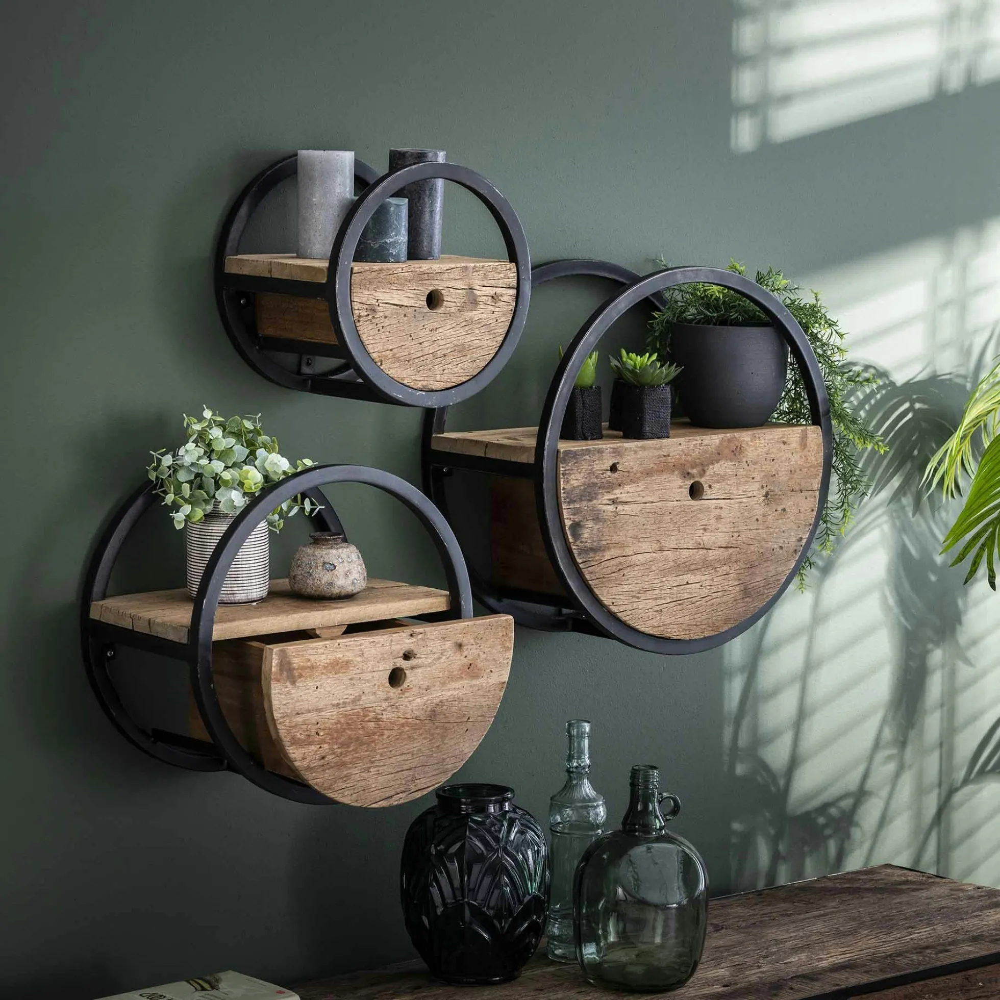 Etagère murale ronde bois recyclé brut 1 tiroir D40 cm CYCLADES