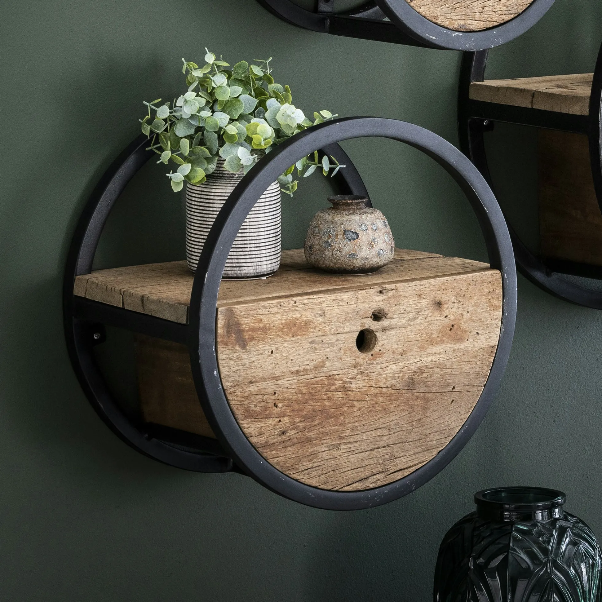 Etagère murale ronde bois recyclé brut 1 tiroir D40 cm CYCLADES
