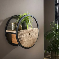 Etagère murale ronde bois recyclé brut 1 tiroir D50 cm CYCLADES