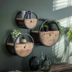 Etagère murale ronde bois recyclé brut 1 tiroir D50 cm CYCLADES