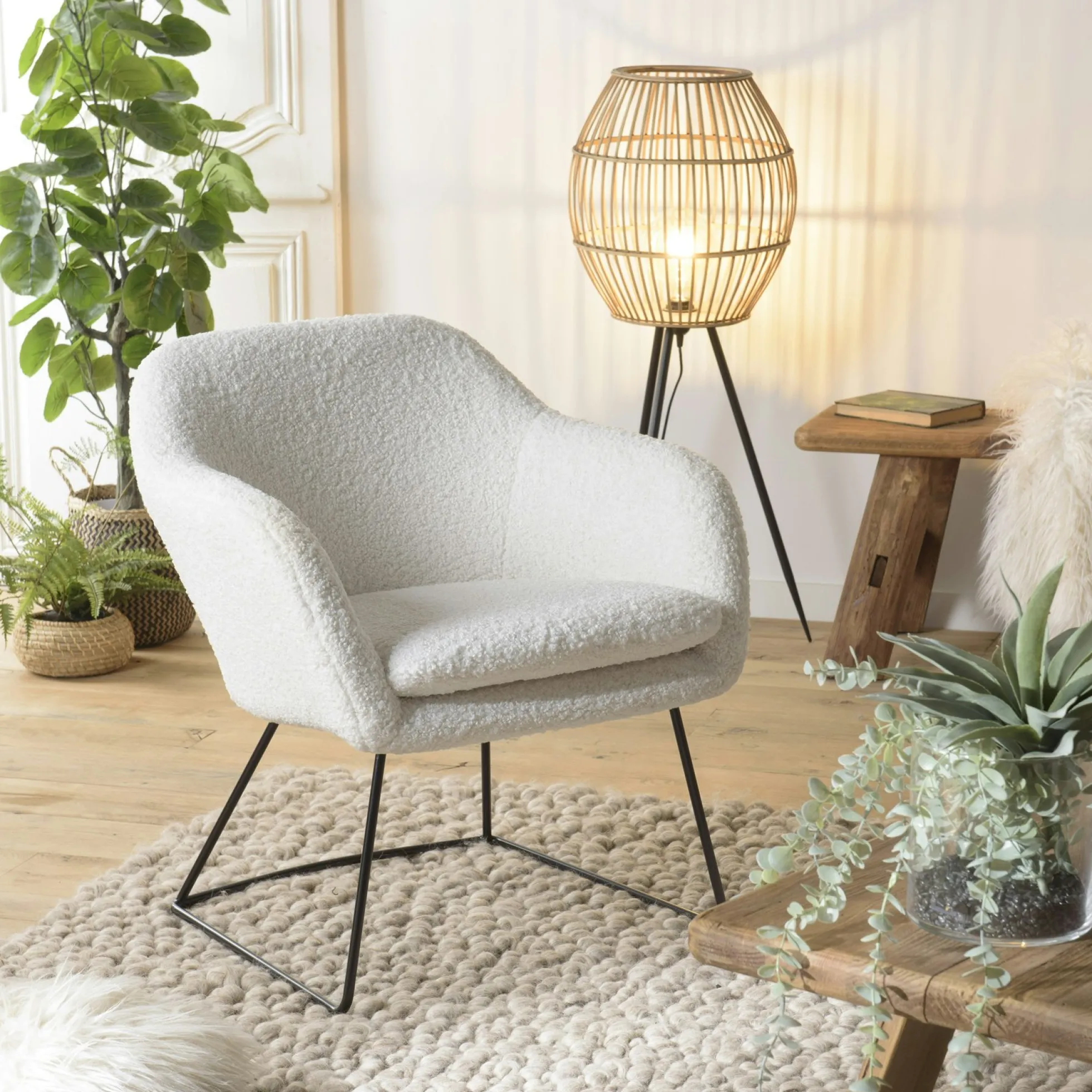 Fauteuil blanc contemporain en tissu bouclette TIM
