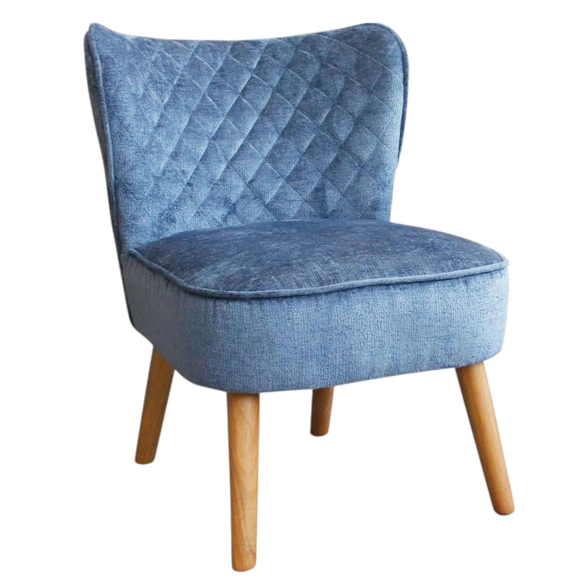 Fauteuil bleu tissu chenille - pieds bois, motif croisé IENA