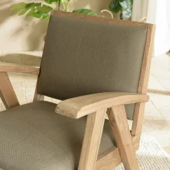 Fauteuil bois exotique clair tissu kaki DIKA