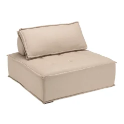 Fauteuil chauffeuse tissu capitonné beige avec coussin