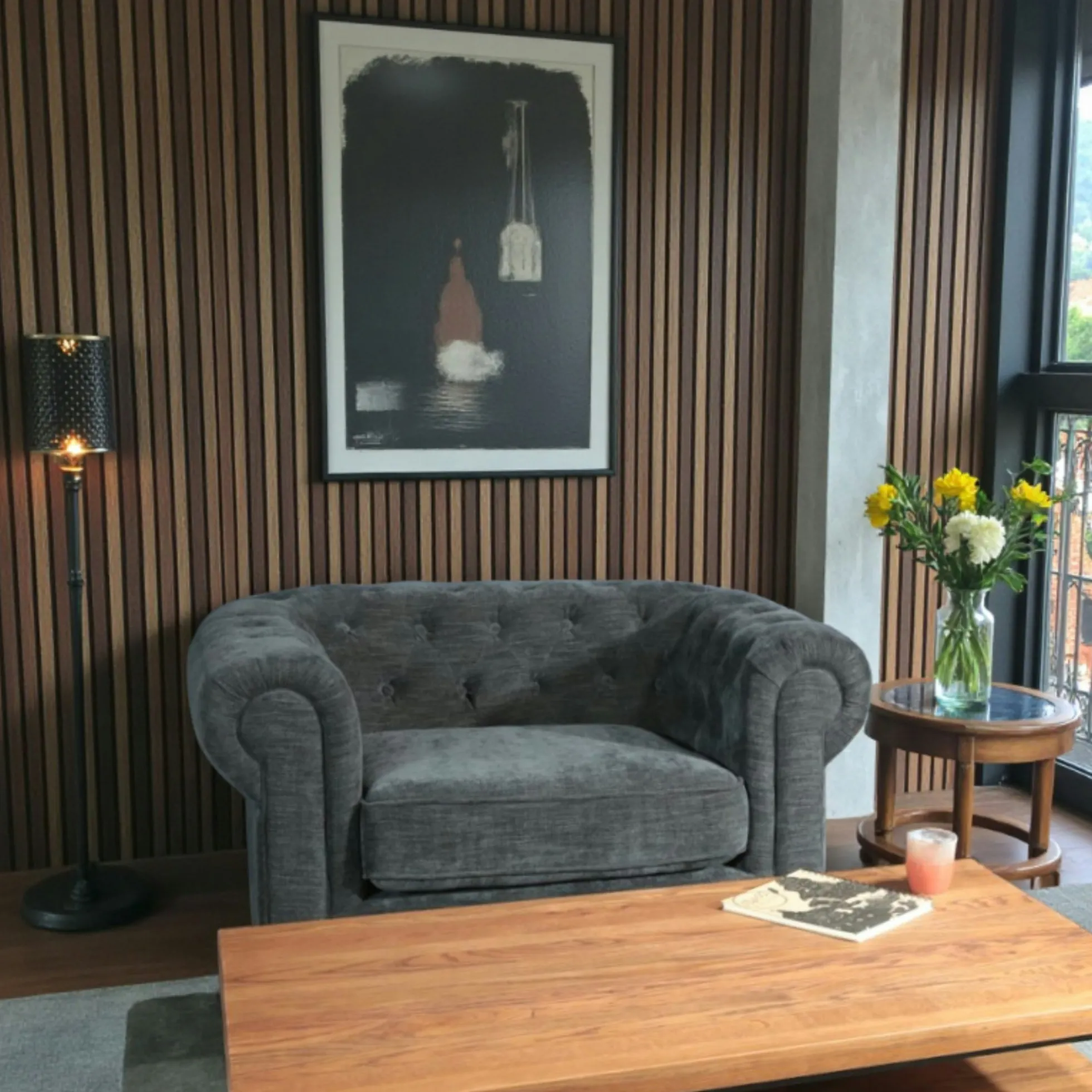 Fauteuil chesterfield en tissu anthracite chiné YORK